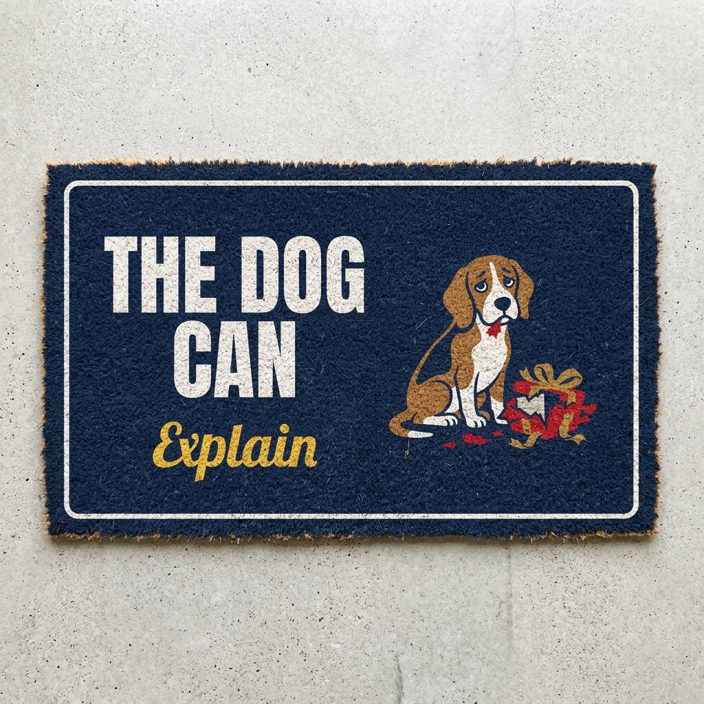 The Dog Can Explain doormat 30x18 in navy with a guilty beagle and a torn gift
