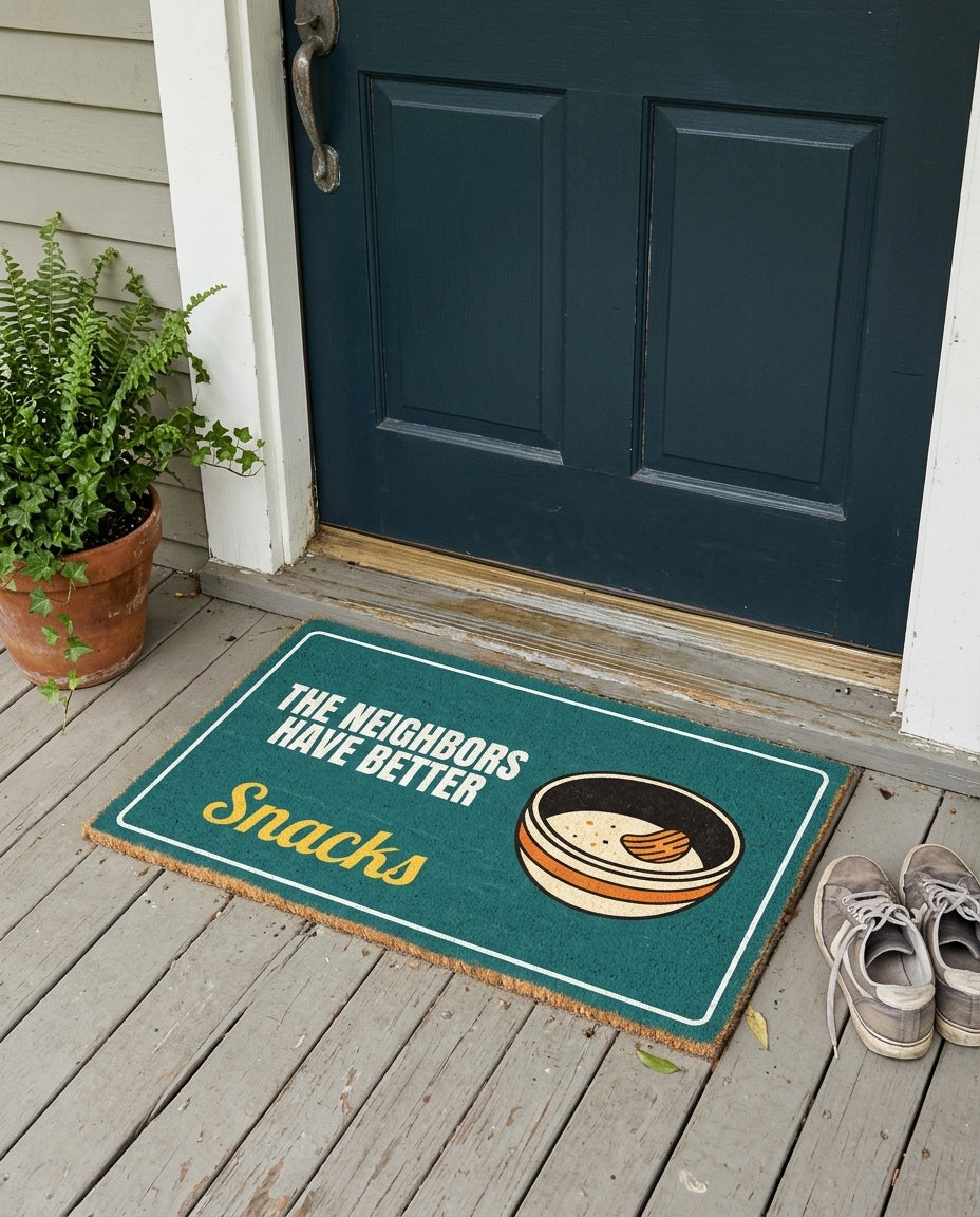The Neighbors Have Better Snacks funny doormat on a front porch