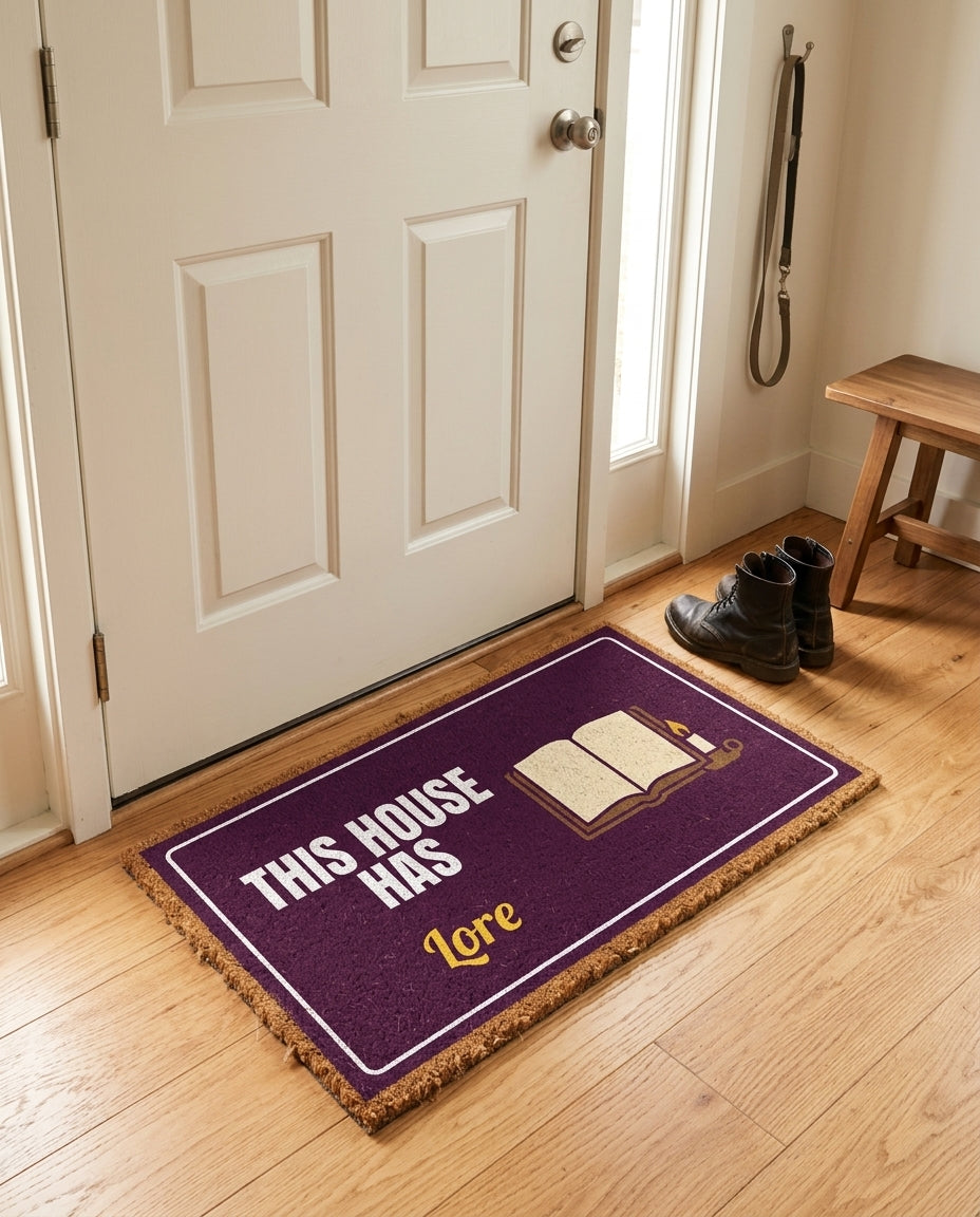 This House Has Lore welcome mat in a home entryway