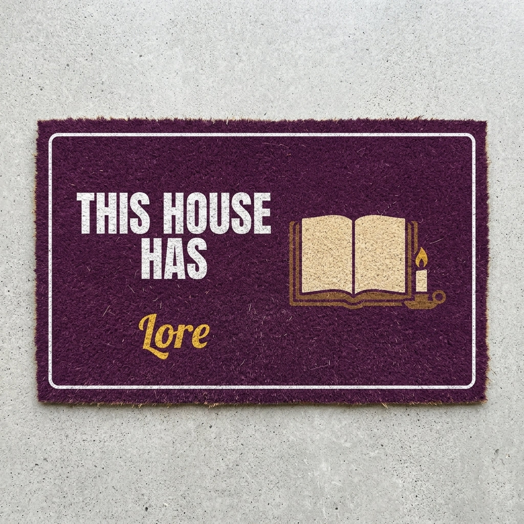 This House Has Lore doormat 30x18 in plum with an old book and a candle