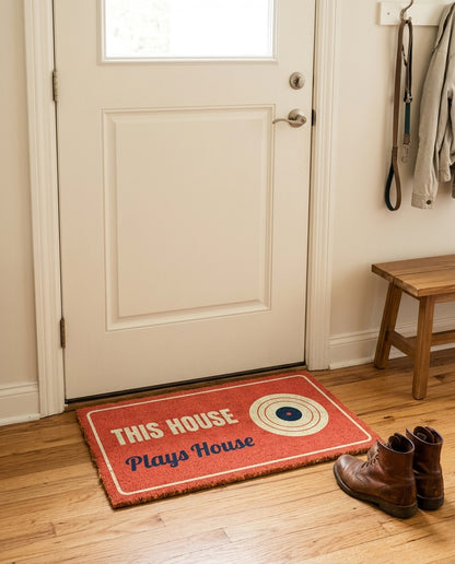This House Plays House welcome mat in a home entryway