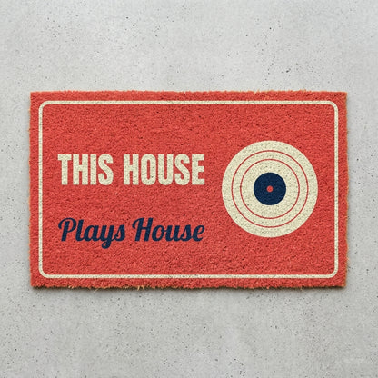 This House Plays House doormat 30x18 in coral with a vinyl record