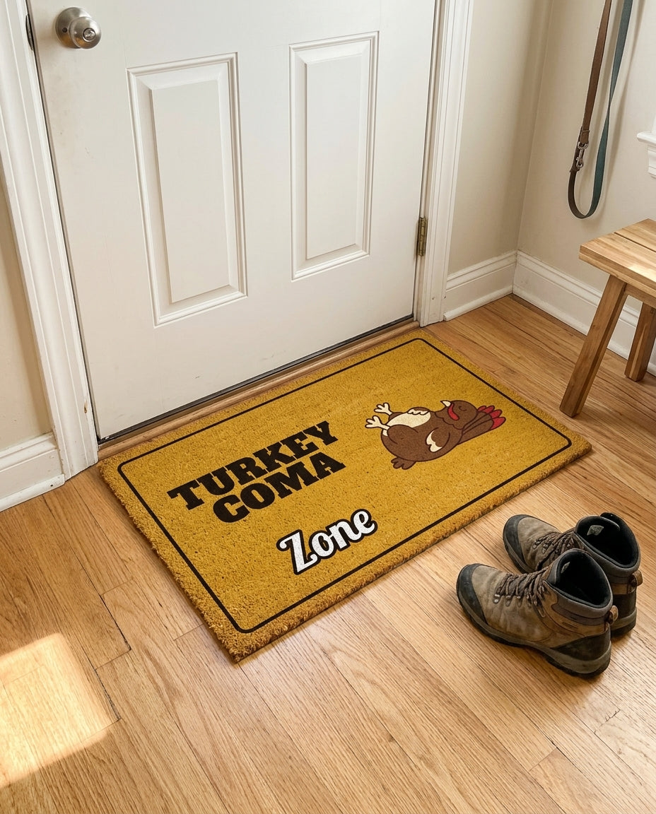 Turkey Coma Zone welcome mat in a home entryway