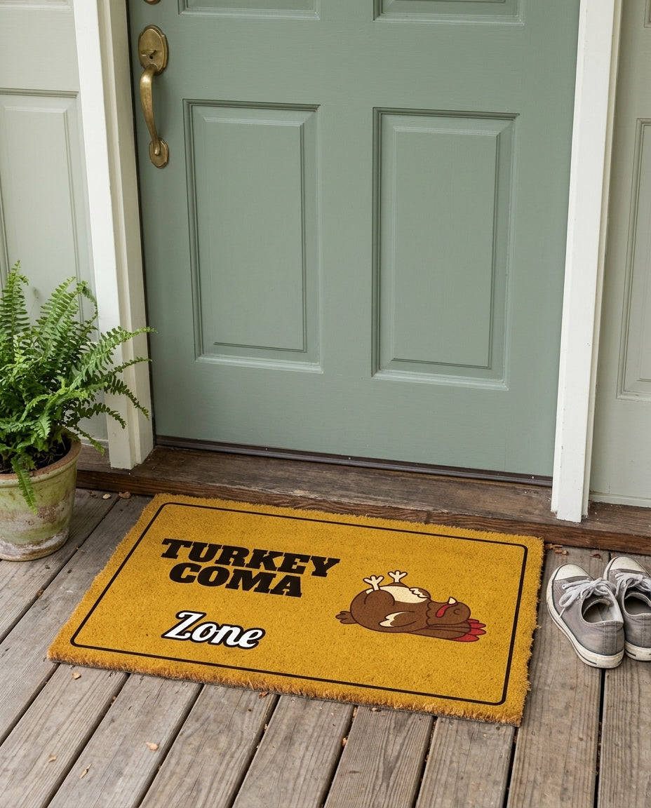 Turkey Coma Zone Thanksgiving doormat on a front porch