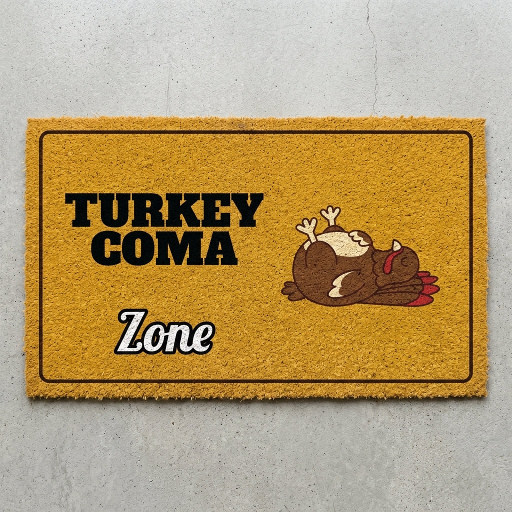 Turkey Coma Zone doormat 30x18 in mustard with a sleeping turkey