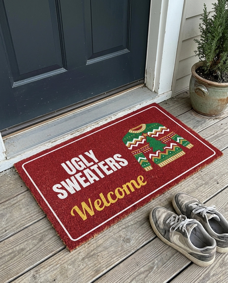 Ugly Sweaters Welcome Christmas party doormat on a front porch