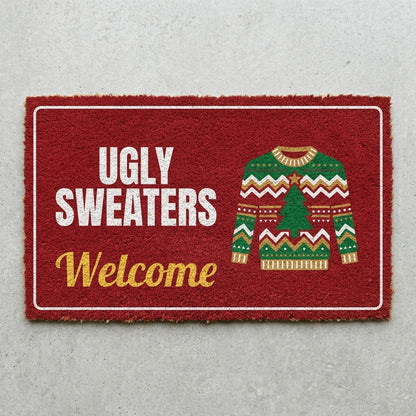 Ugly Sweaters Welcome doormat 30x18 in red with a patterned Christmas sweater