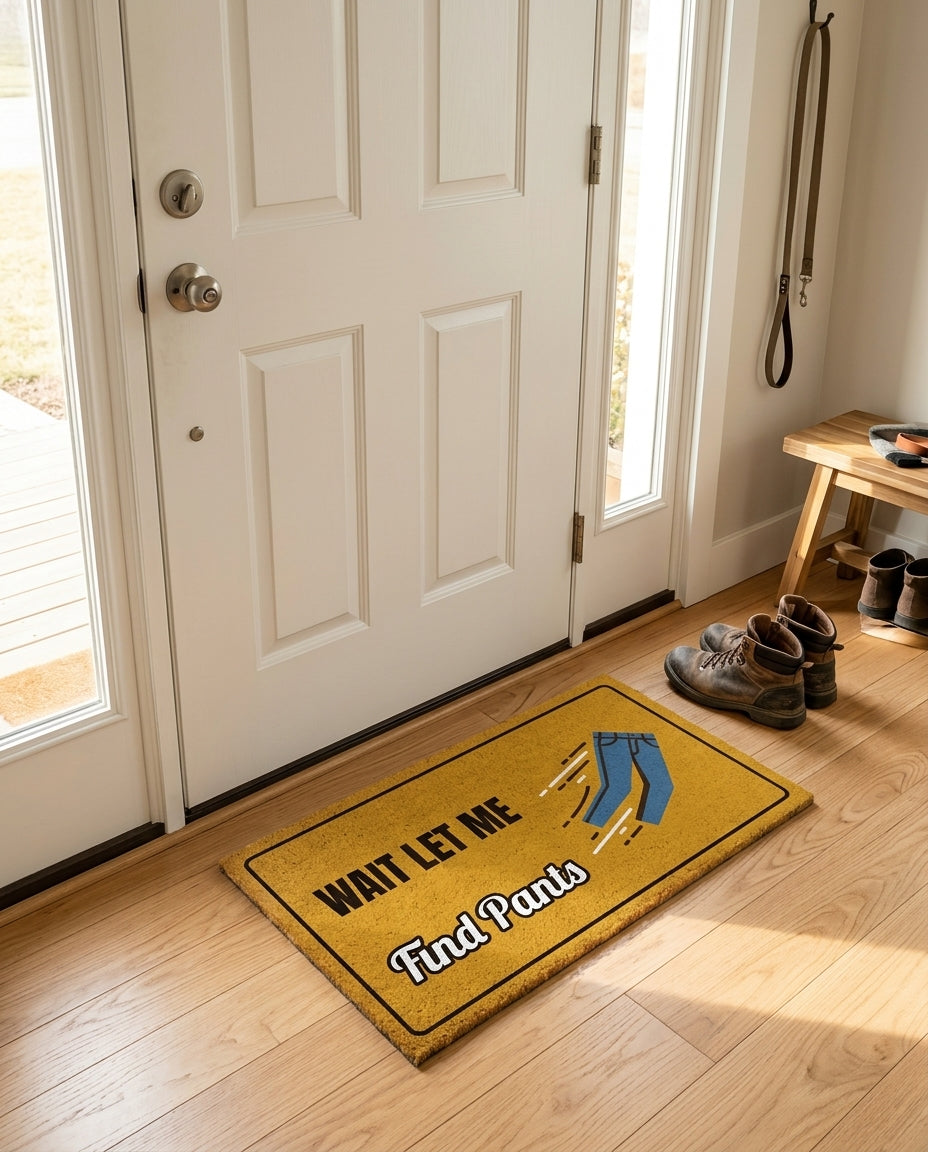 Wait Let Me Find Pants welcome mat in a home entryway