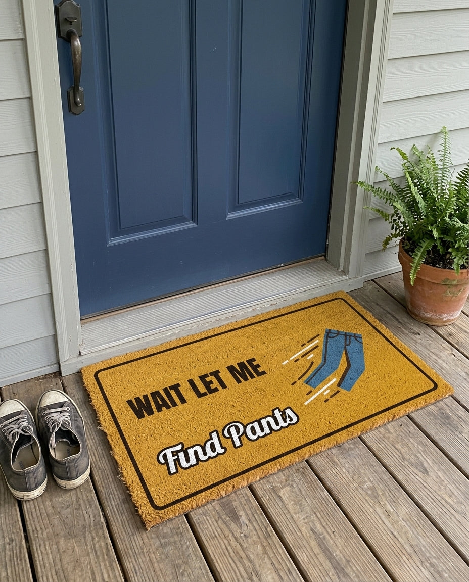 Wait Let Me Find Pants funny doormat on a front porch