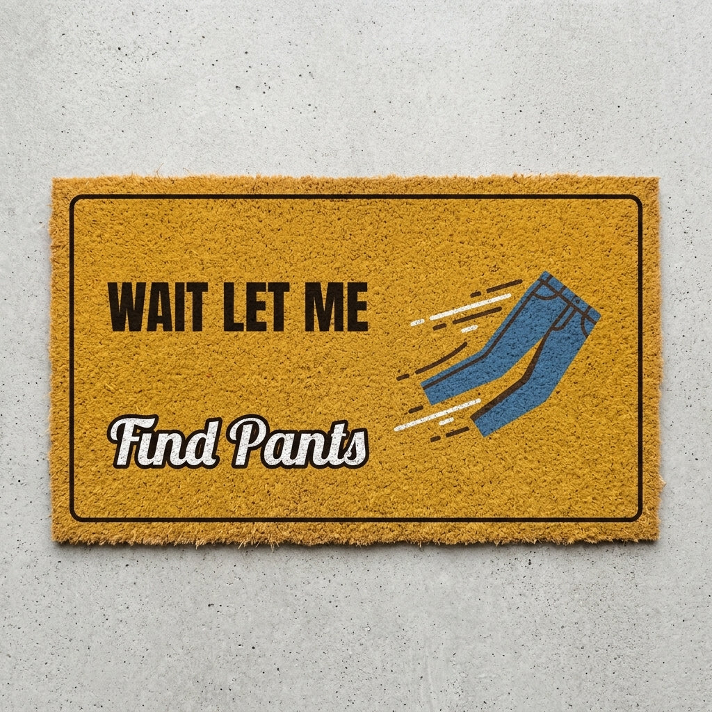 Wait Let Me Find Pants doormat 30x18 in mustard with flying blue jeans