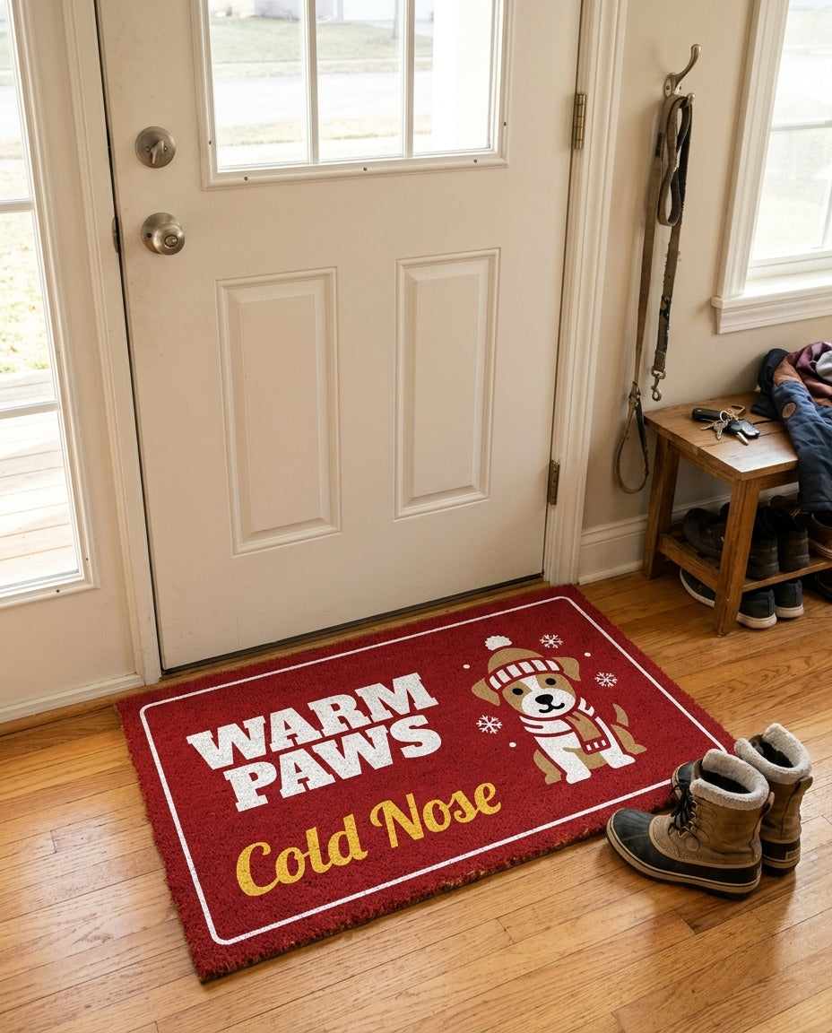 Warm Paws Cold Nose welcome mat in a home entryway