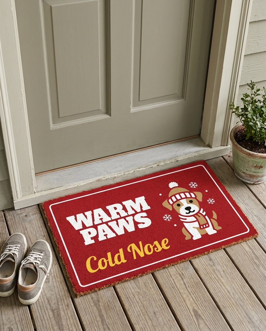 Warm Paws Cold Nose winter dog doormat on a front porch