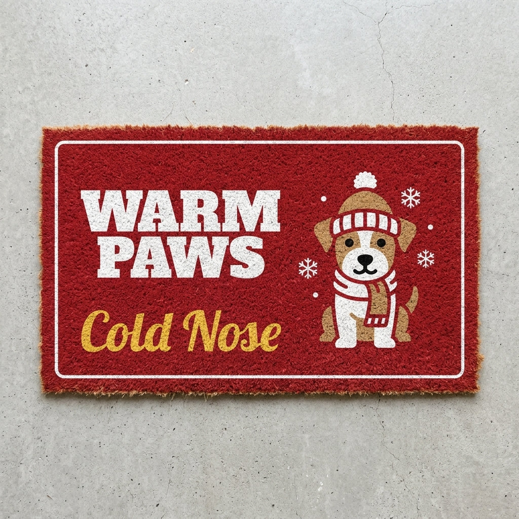 Warm Paws Cold Nose doormat 30x18 in red with a puppy in a knit hat