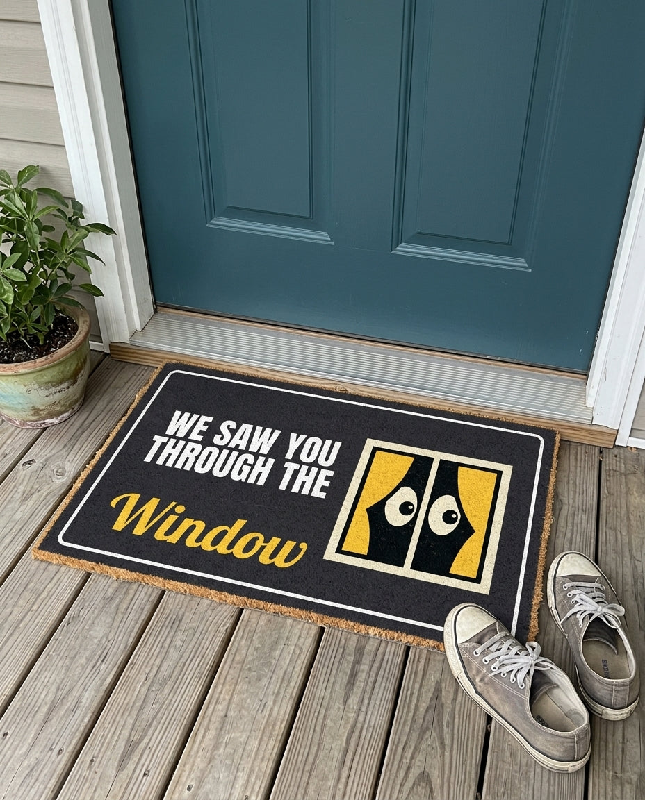 We Saw You Through The Window funny doormat on a front porch