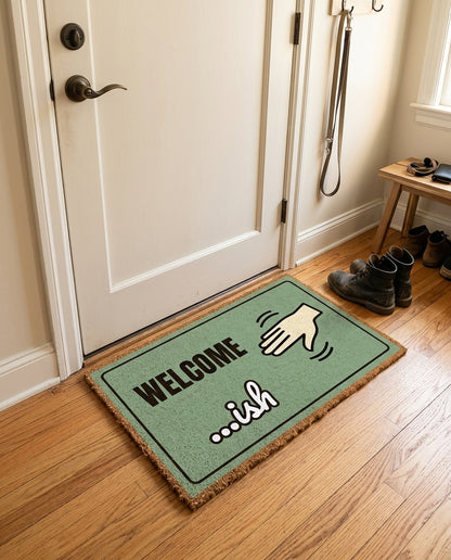 Welcome Ish welcome mat in a home entryway