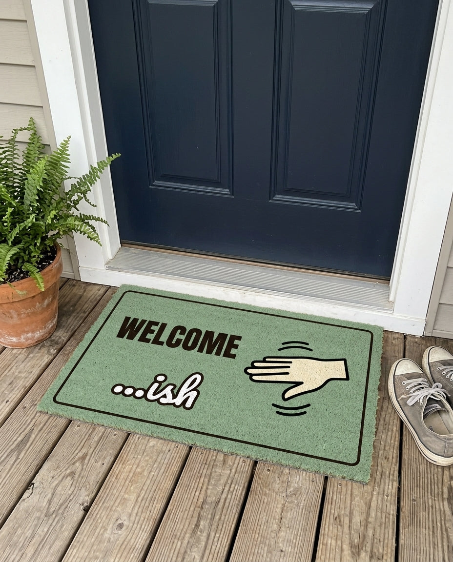Welcome Ish funny doormat on a front porch