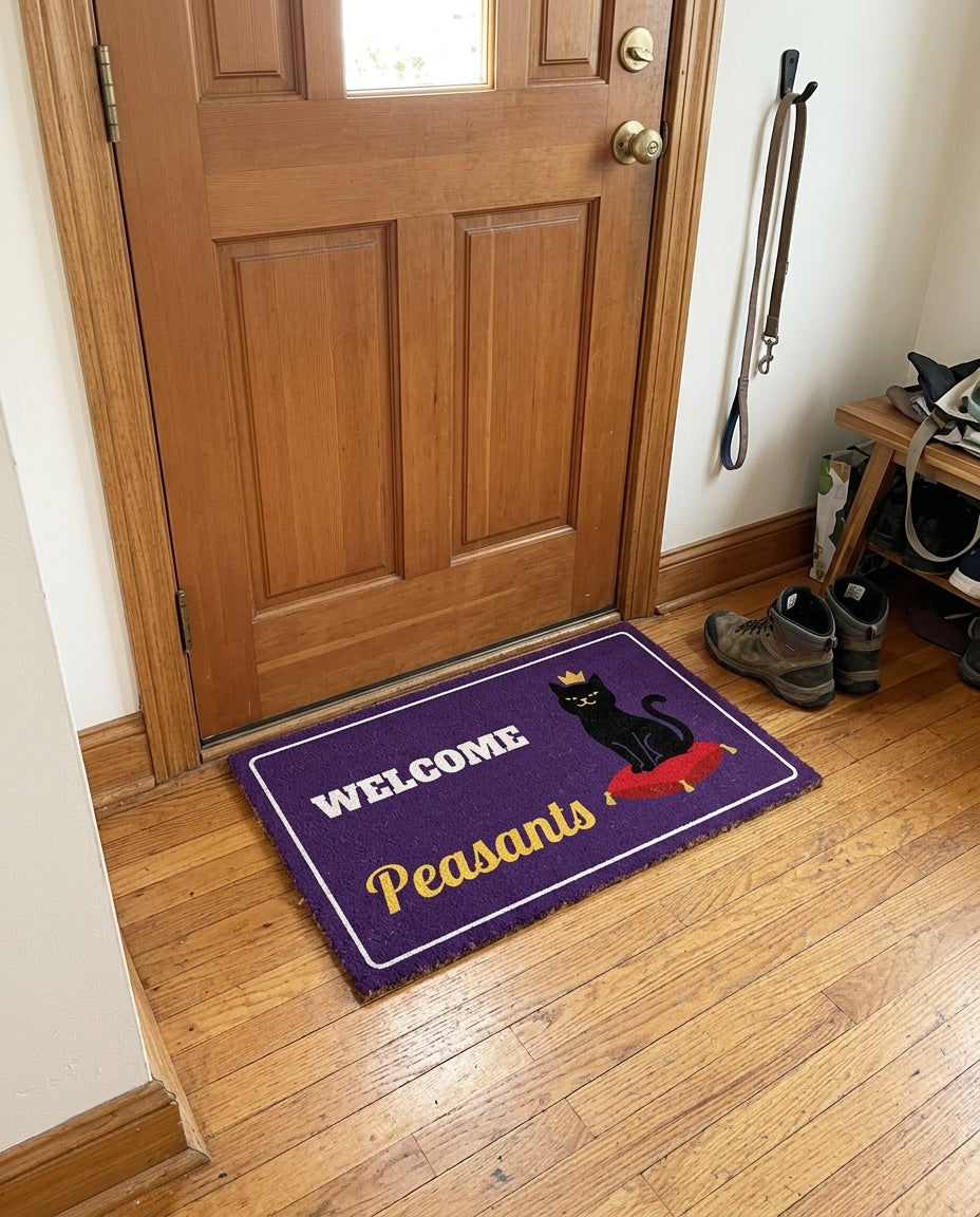 Welcome Peasants welcome mat in a home entryway