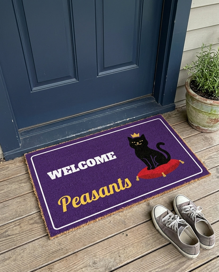 Welcome Peasants funny cat doormat on a front porch