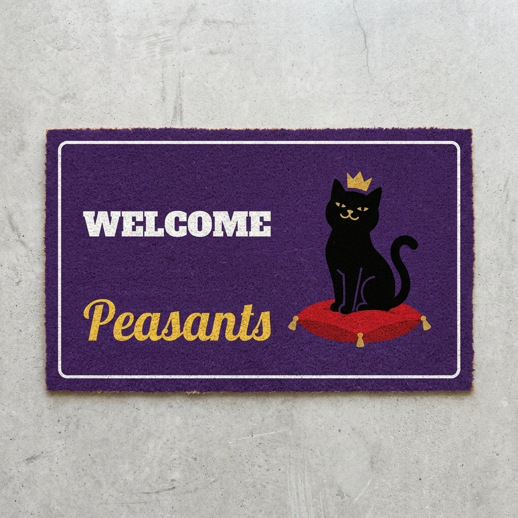 Welcome Peasants doormat 30x18 in purple with a crowned black cat on a cushion