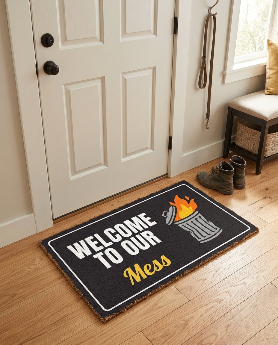 Welcome To Our Mess welcome mat in a home entryway