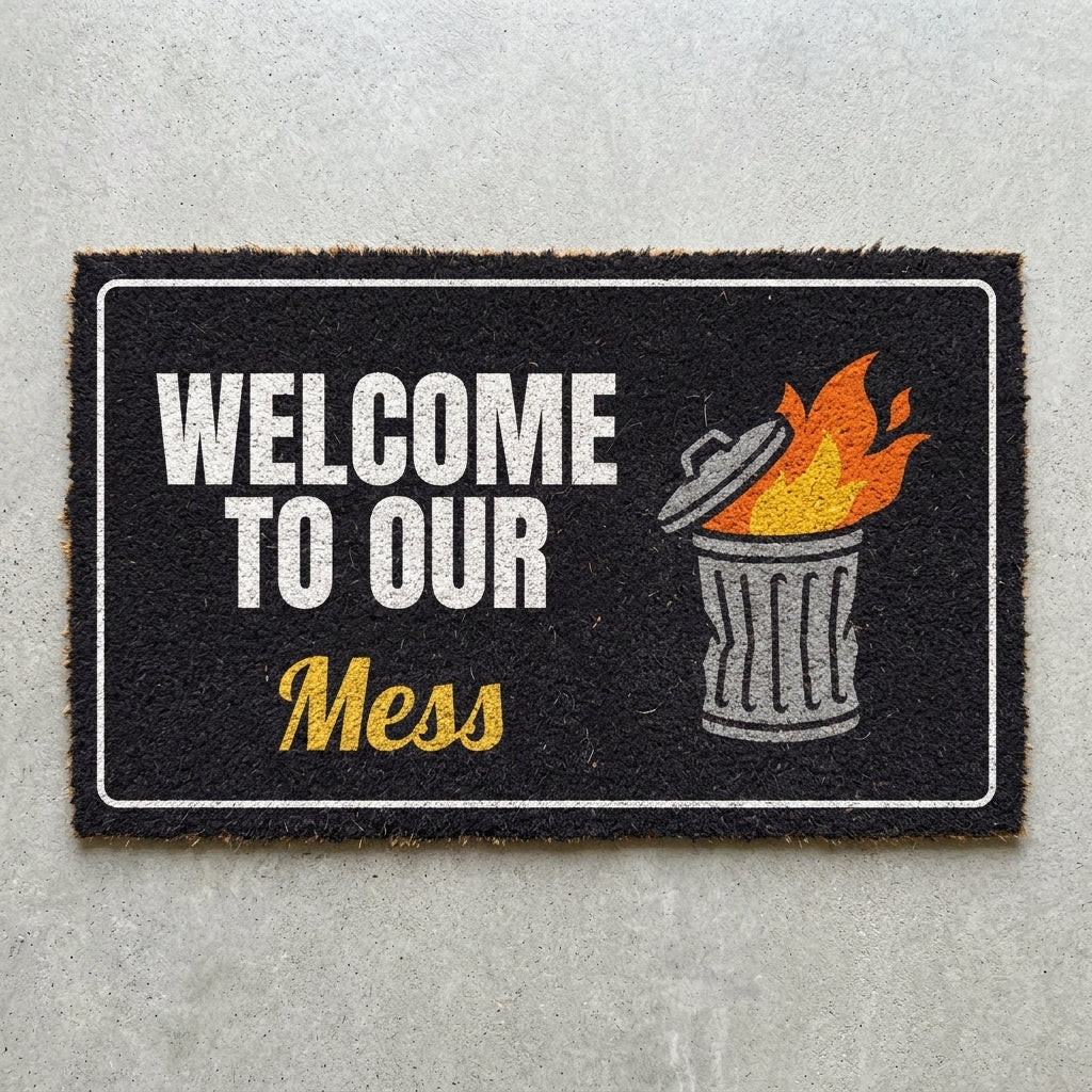 Welcome To Our Mess doormat 30x18 in black with a burning trash can