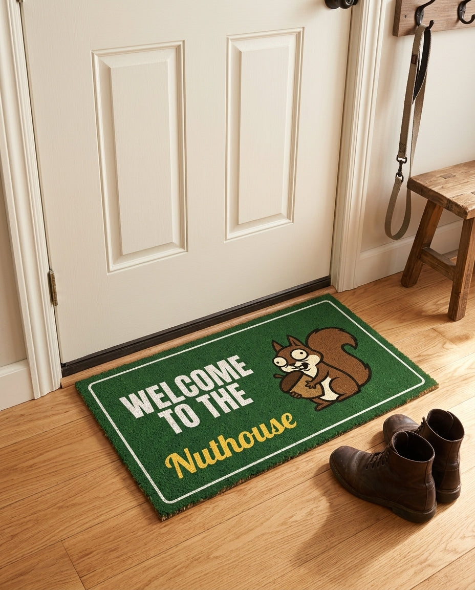 Welcome To The Nuthouse welcome mat in a home entryway