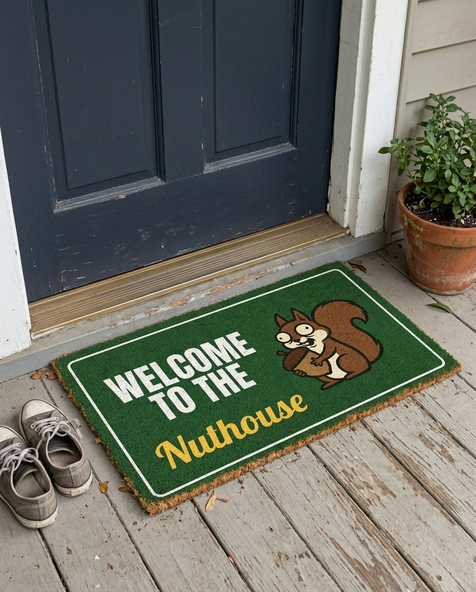 Welcome To The Nuthouse funny doormat on a front porch