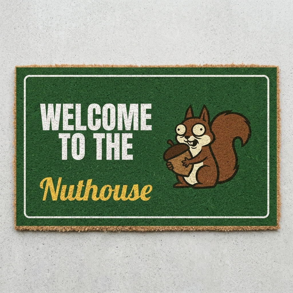 Welcome To The Nuthouse doormat 30x18 in dark green with a squirrel holding an acorn