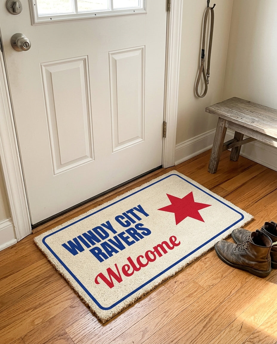 Windy City Ravers Welcome welcome mat in a home entryway