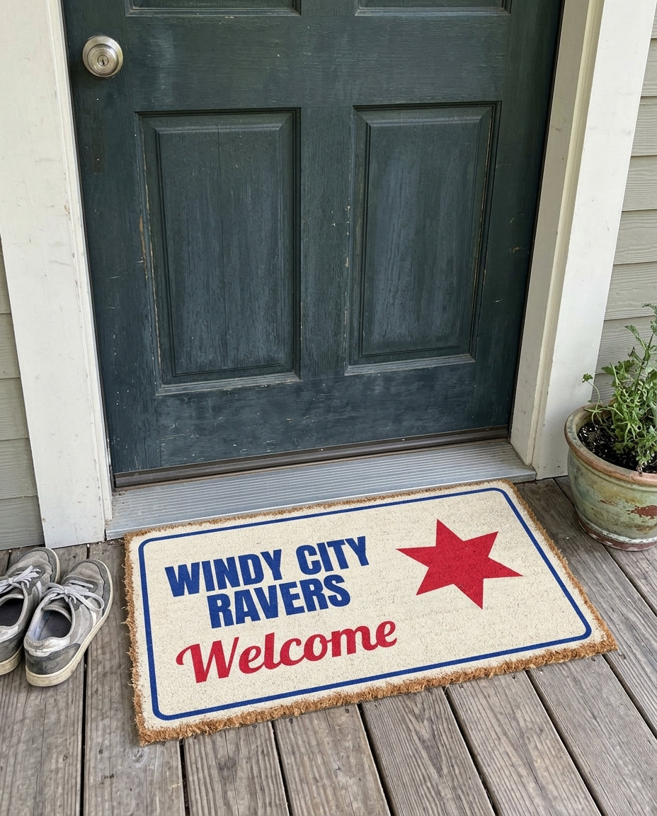 Windy City Ravers Welcome chicago music doormat on a front porch