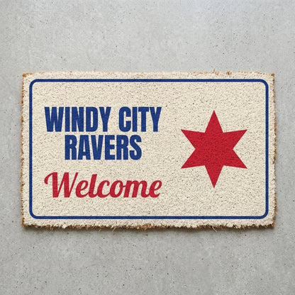 Windy City Ravers Welcome doormat 30x18 in cream with a red six-pointed star