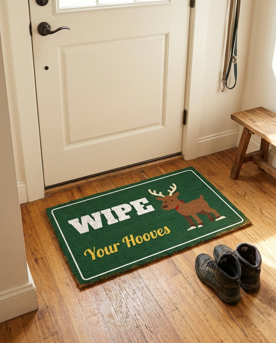 Wipe Your Hooves welcome mat in a home entryway