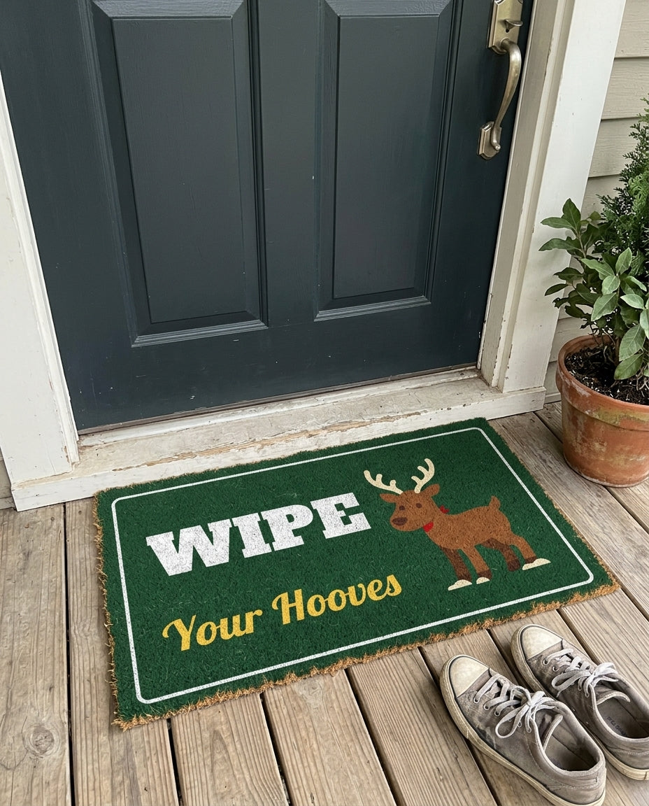 Wipe Your Hooves Christmas doormat on a front porch