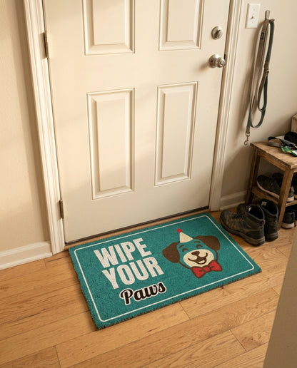 Wipe Your Paws welcome mat in a home entryway