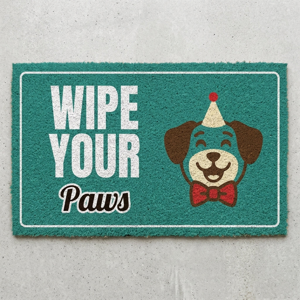 Wipe Your Paws doormat 30x18 in teal with a puppy in a party hat and bow tie