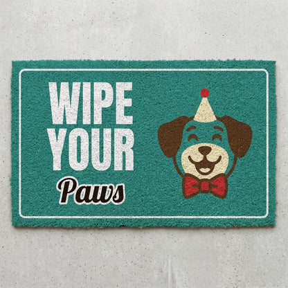 Wipe Your Paws doormat 30x18 in teal with a puppy in a party hat and bow tie