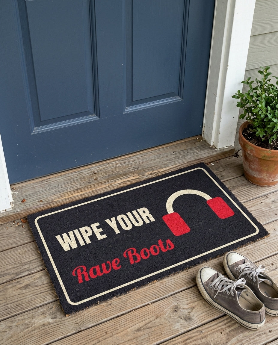 Wipe Your Rave Boots rave doormat on a front porch