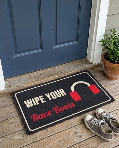Wipe Your Rave Boots rave doormat on a front porch