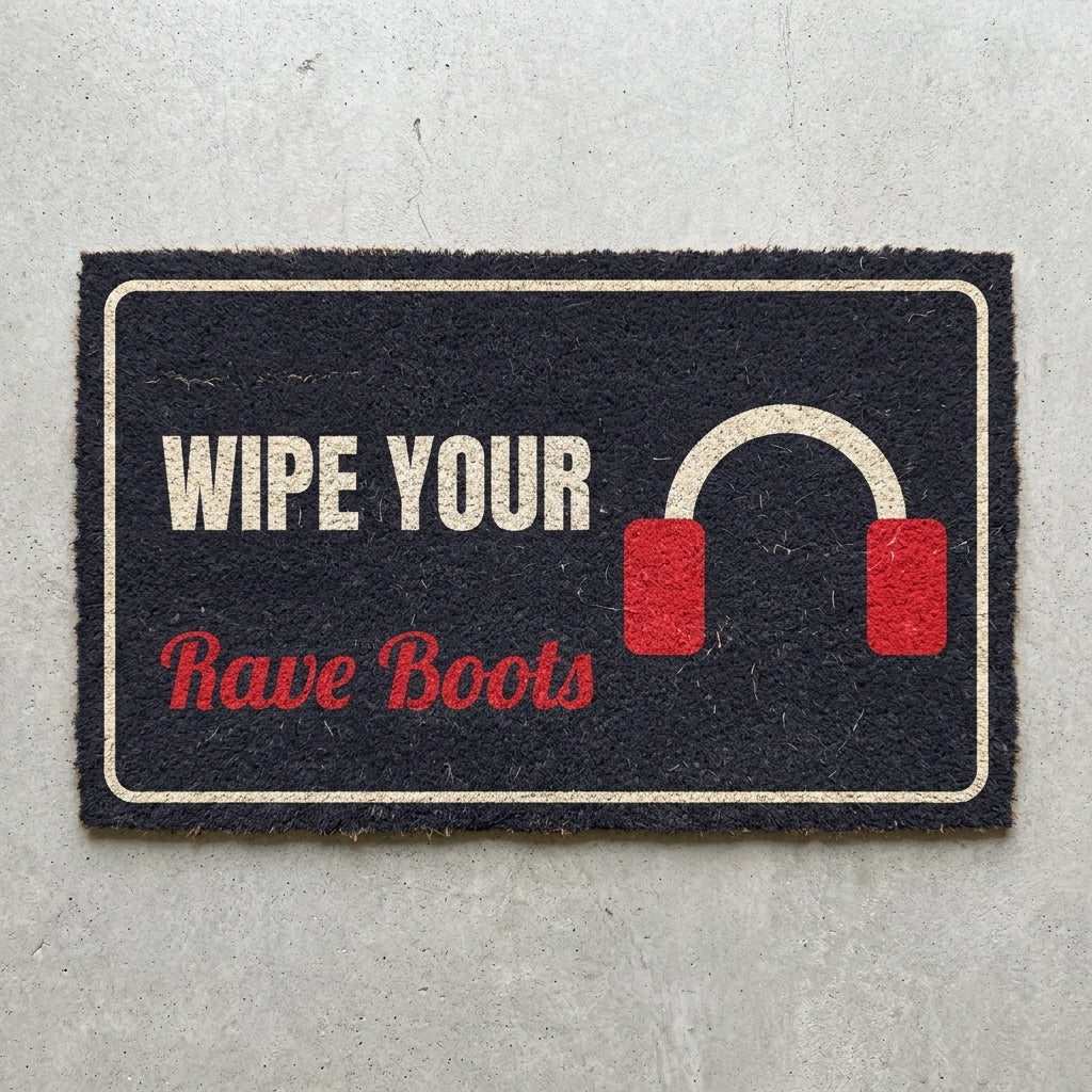Wipe Your Rave Boots doormat 30x18 in charcoal with headphones