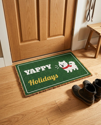 Yappy Holidays welcome mat in a home entryway