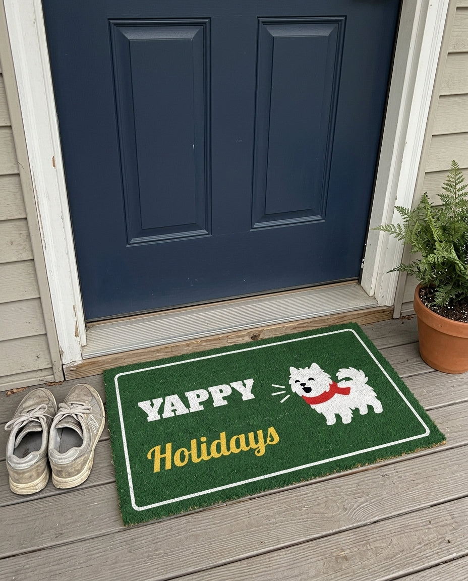 Yappy Holidays dog Christmas doormat on a front porch