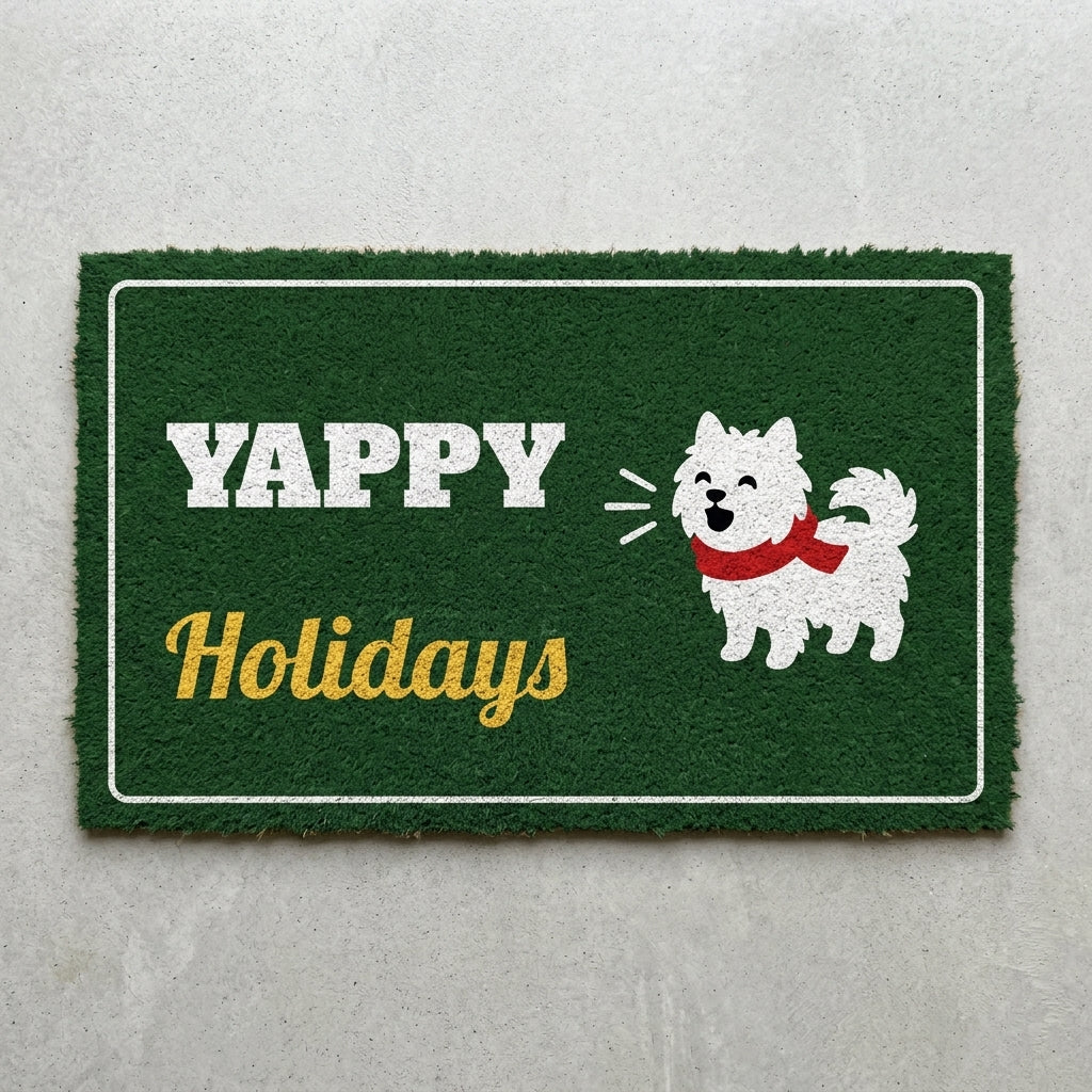 Yappy Holidays doormat 30x18 in dark green with a barking dog in a scarf