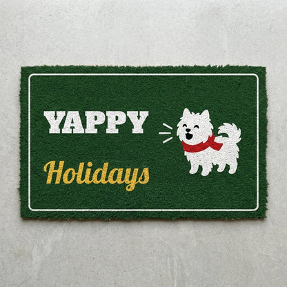 Yappy Holidays doormat 30x18 in dark green with a barking dog in a scarf
