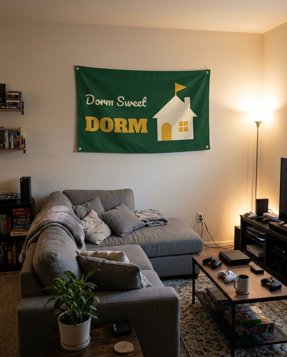 Dorm Sweet Dorm flag decorating a game room wall