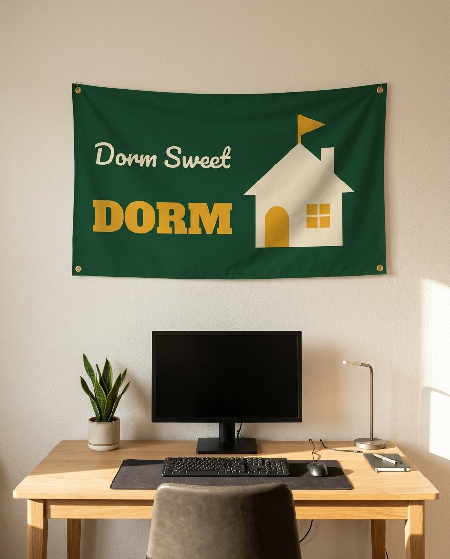 Dorm Sweet Dorm 3x5 flag on a home office wall