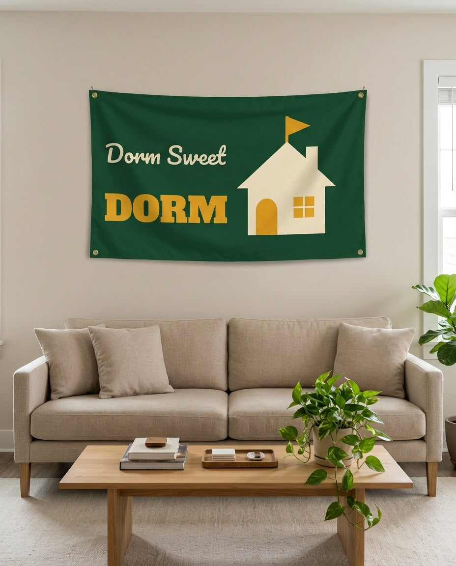 Dorm Sweet Dorm flag used as living room wall decor