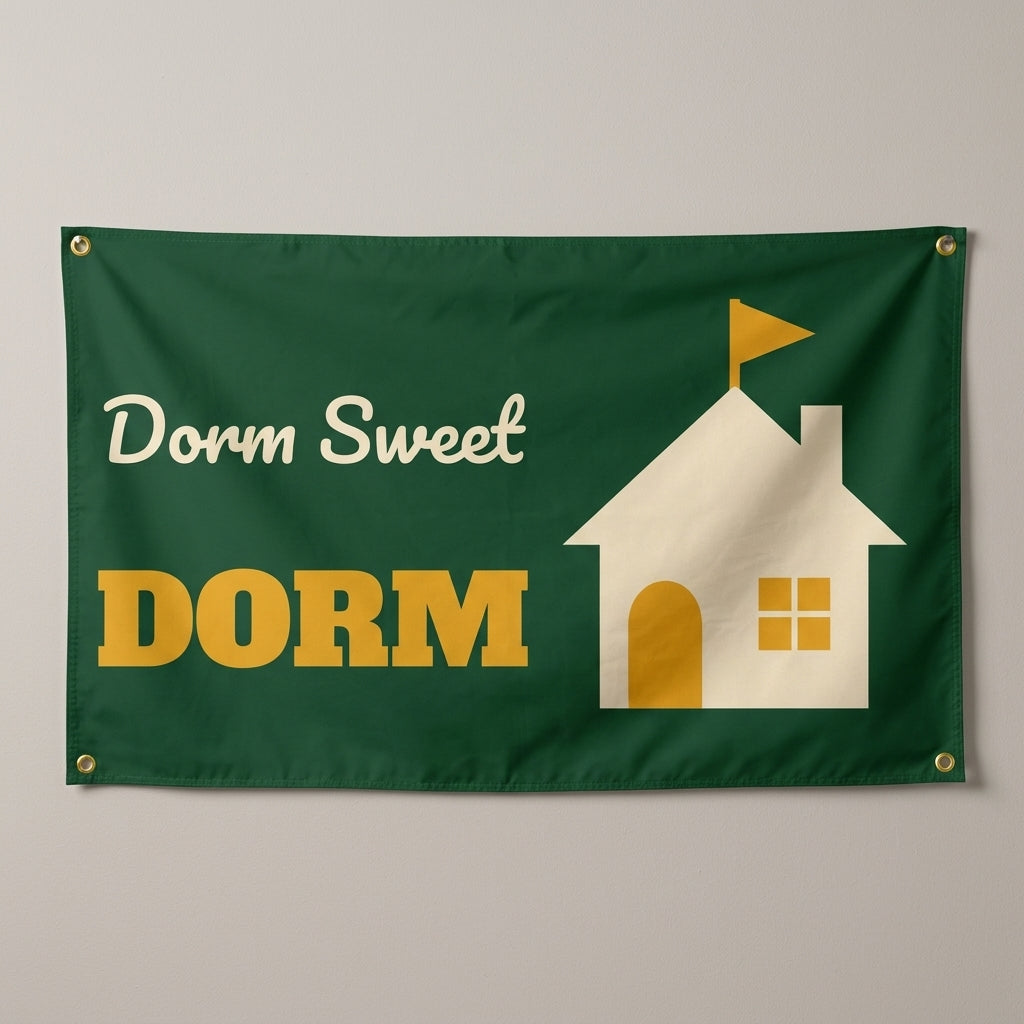 Dorm Sweet Dorm flag 3x5 in dark green with a cream house and gold text, hung on a wall