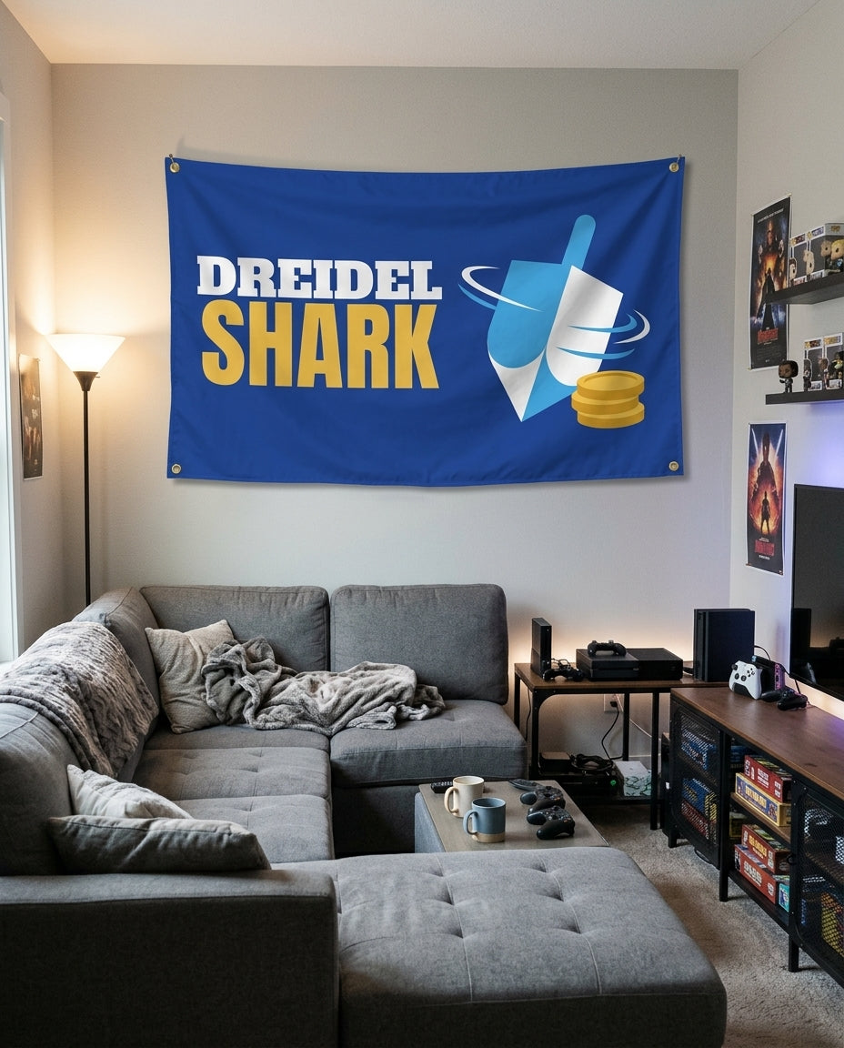 Dreidel Shark flag decorating a game room wall