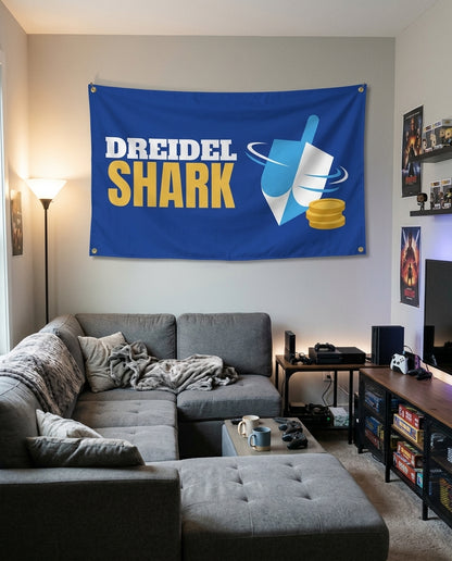 Dreidel Shark flag decorating a game room wall