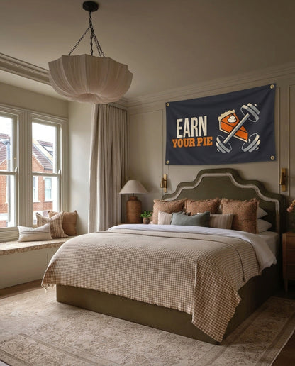 Earn Your Pie Thanksgiving wall flag hanging in a bedroom